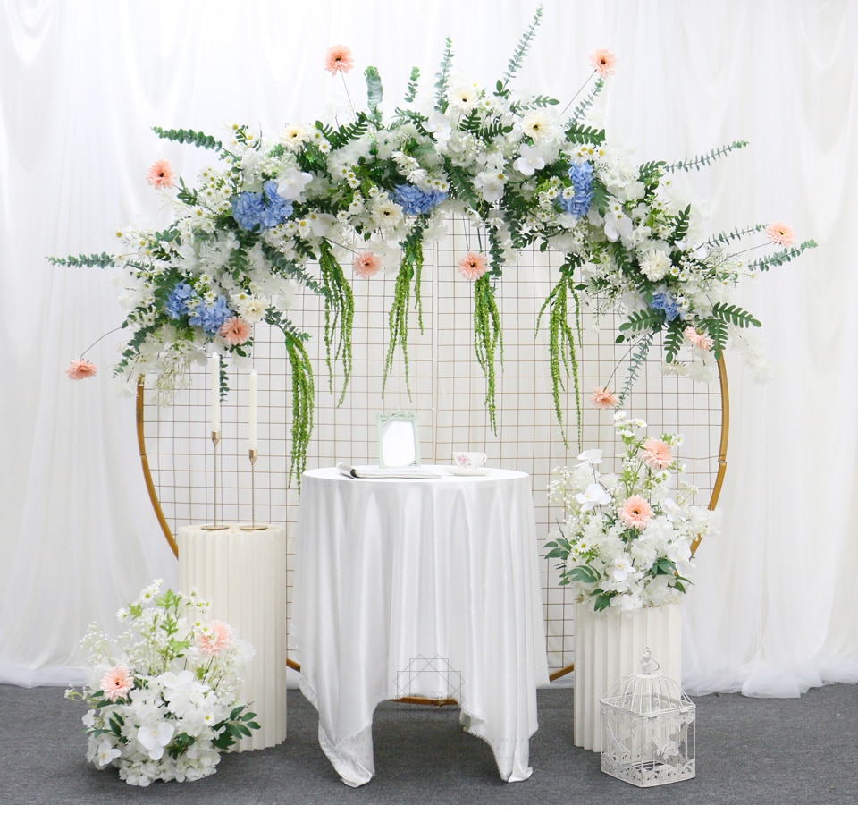 peach and gold wedding cake table decoration